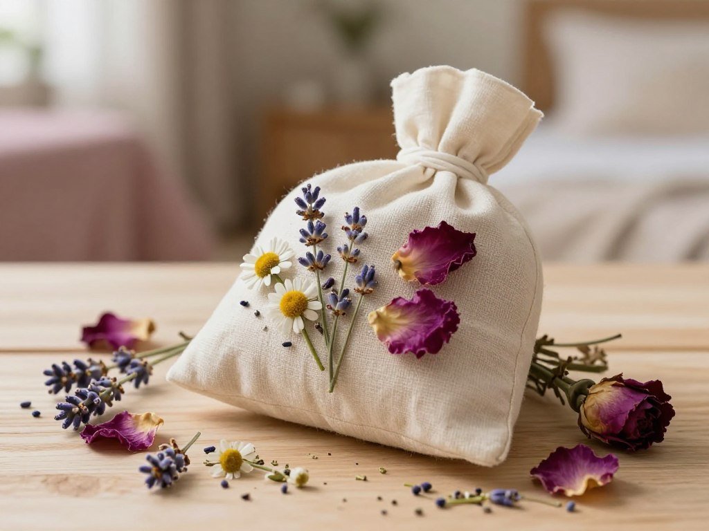 A beautifully arranged herbal pillow sachet, made of soft, natural fabric, displaying a mix of calming herbs such as lavender, chamomile, and dried rose petals. The sachet is delicately placed on a serene, light-colored wooden surface, surrounded by a scattering of the individual herbs to emphasize its contents. In the background, a subtle glimpse of a softly lit bedroom can be seen, with a hint of pastel colors and nature-inspired decor, evoking a sense of tranquility. The lighting is warm and inviting, creating a comforting atmosphere. The camera angle is slightly above eye level, capturing the details of the sachet and herbs while lending an intimate feel to the composition. The mood is peaceful and rejuvenating, perfect for illustrating the essence of relaxation and self-care.
