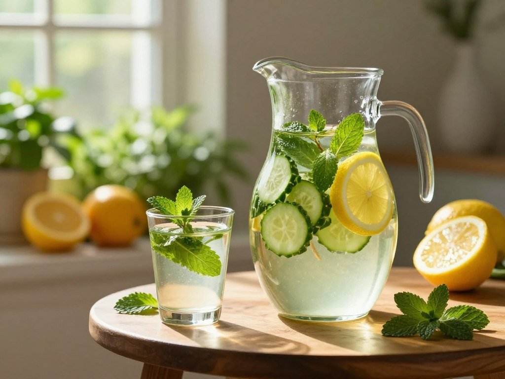 A beautifully arranged herbal water setup, featuring a clear glass pitcher filled with refreshing herbal water infused with vibrant slices of cucumber, fragrant mint leaves, and bright lemon wedges. In the foreground, a small wooden table holds the pitcher alongside a delicate glass filled with the herb-infused drink, garnished with a sprig of mint. The middle ground reveals a backdrop of fresh herbs and citrus fruits, showcasing the natural ingredients used in crafting the herbal water. Soft morning sunlight filters through a nearby window, casting gentle shadows and a warm, inviting glow across the scene. The atmosphere is tranquil and inviting, evoking an essence of rejuvenation and wellness suitable for promoting radiant skin. Capture this serene moment with a shallow depth of field to highlight the pitcher and glass while softly blurring the background.