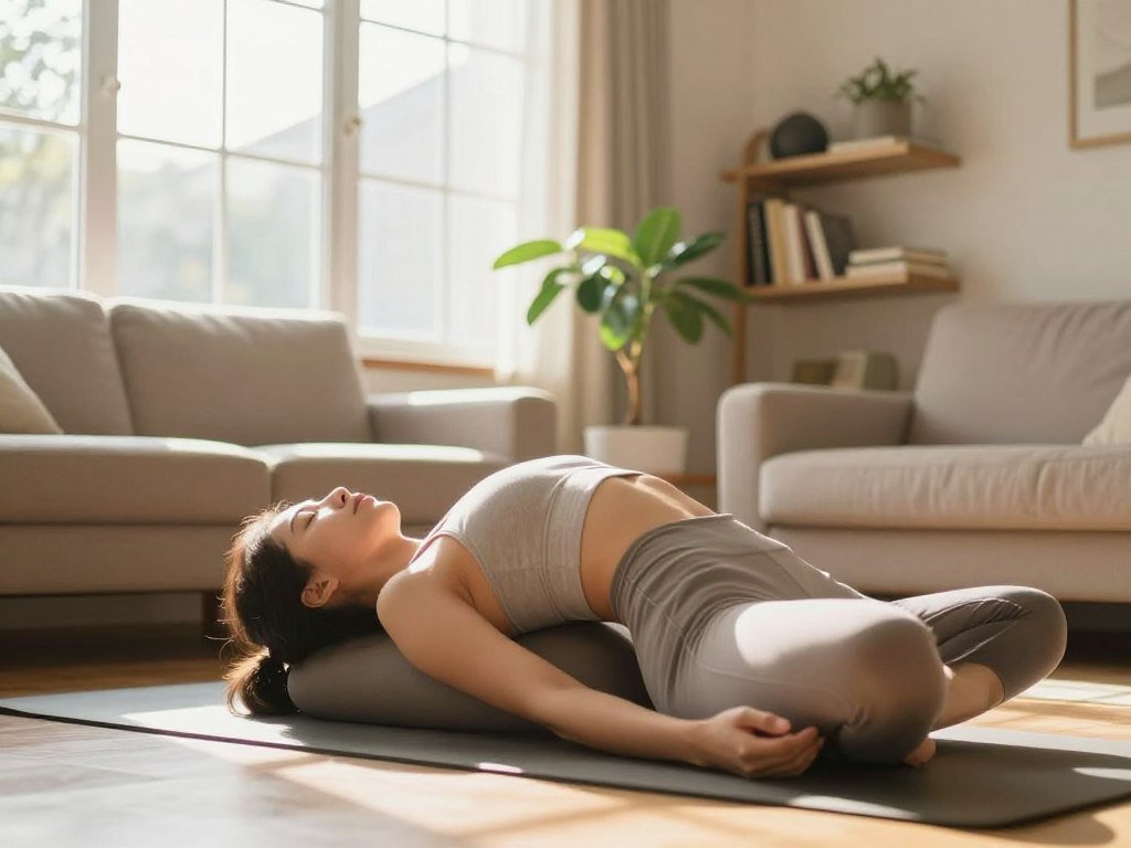 A bright and inviting morning scene depicting a cozy, sunlit living room. In the foreground, a person dressed in comfortable, modest yoga attire is practicing breathwork on a soft mat, exhibiting a tranquil yet energized posture. Natural light streams through large windows, casting warm, golden rays that enhance the calm atmosphere. In the middle ground, a small indoor plant adds a touch of greenery, symbolizing growth and vitality. The background reveals a well-organized shelf with books on wellness and meditation, gently reinforcing the theme of self-care. The overall mood is uplifting and serene, evoking feelings of freshness and motivation for a positive start to the day. Capture this scene from a slight low angle to emphasize the person’s connection with their environment and the brightness of the morning light.