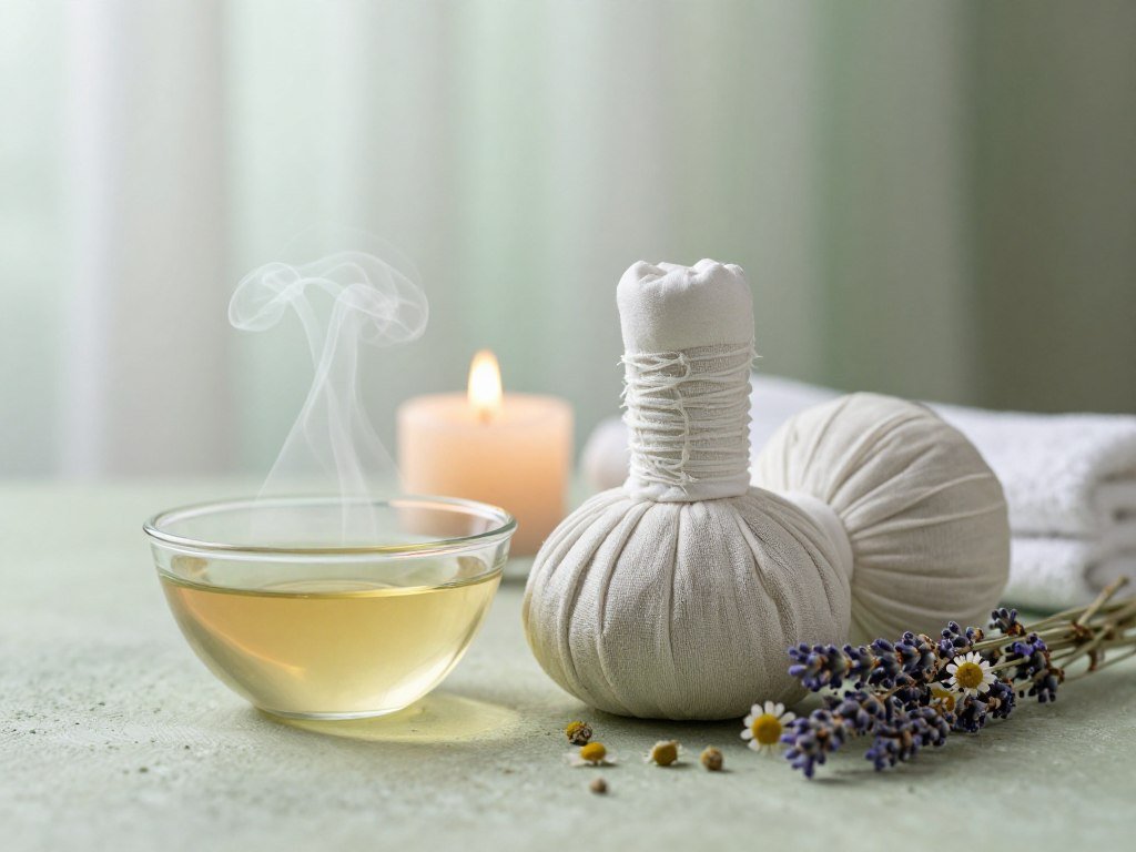 A calming and serene composition featuring a soothing eye compress set on a soft, textured surface. In the foreground, a beautifully crafted herbal compress made with natural materials, such as chamomile and lavender, is elegantly arranged beside a small bowl of steaming herbal infusion. In the middle ground, gently blurred, a soothing candle emits a warm, soft light that enhances the peaceful atmosphere. The background shows a tranquil spa setting with soft, diffused natural light filtering through sheer curtains, creating an inviting ambiance. The color palette is soft and muted, emphasizing pastel shades of greens and whites to evoke a sense of calm and relaxation. The overall mood is tranquil, perfect for illustrating the essence of selecting the right compress materials for soothing puffy eyes.