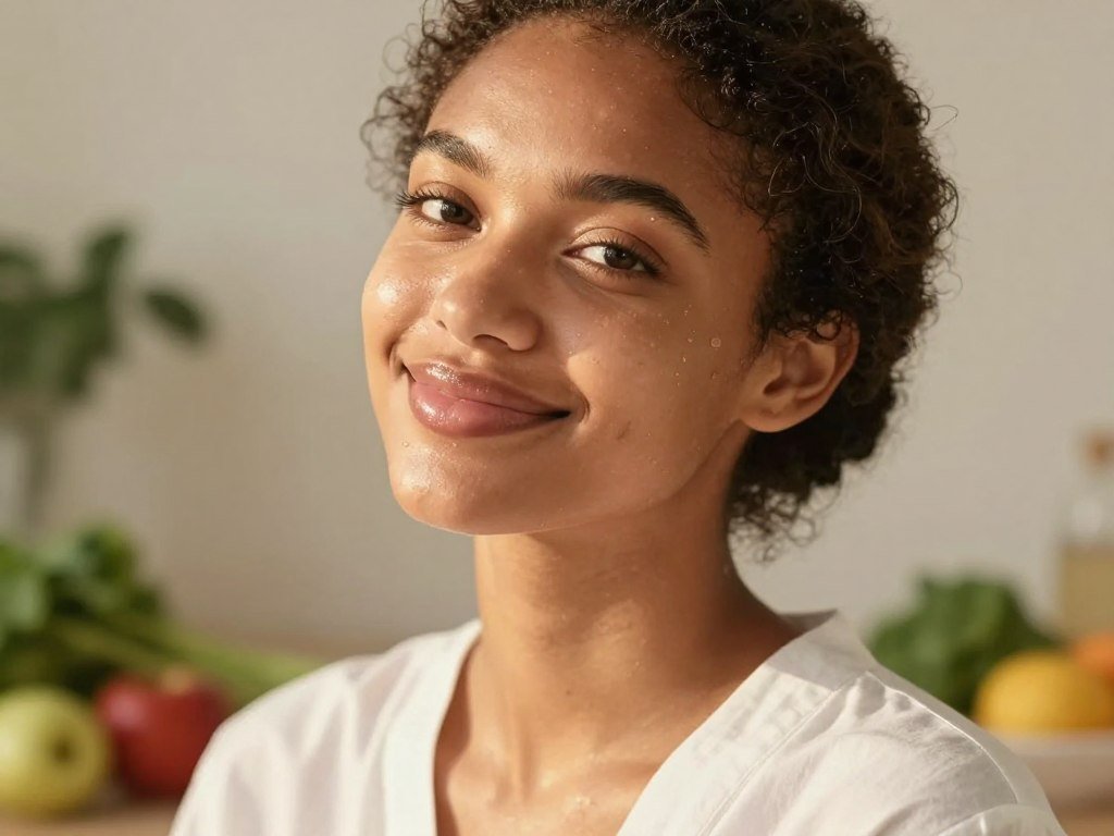 A close-up portrait of a diverse young woman with radiant, glowing skin reflecting health and vitality. Her complexion is luminous, accentuated by a gentle, soft-focus effect that enhances her natural beauty. She wears a simple, elegant white blouse, evoking a sense of purity and freshness. The lighting is warm and diffused, simulating golden hour sunlight that creates a delicate shimmer on her skin. In the background, there are blurred images of fresh herbs and fruits, subtly hinting at the ingredients used for hydration. The overall atmosphere is serene and uplifting, conveying a sense of wellness and self-care as the woman's expression radiates confidence and joy. Capture this moment with a slight upward angle to emphasize her glow.