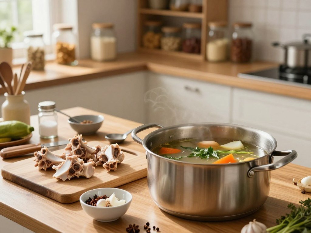 A cozy kitchen scene focused on the preparation of bone broth. In the foreground, a large stainless steel pot filled with simmering broth, garnished with fresh herbs and vegetables. Next to it, a cutting board with chopped bones, aromatic spices, and an overflowing bowl of aromatic garlic and onion. In the middle ground, a wooden kitchen table strewn with utensils and measuring spoons, highlighting common mistakes like too much salt and unstrained broth. The background features soft shelves filled with jars of ingredients and cookbooks, illuminated by warm, natural light streaming in from a window. The atmosphere is welcoming and educational, emphasizing care and precision in cooking. Shot with a 35mm lens for a warm, inviting image, ensuring clarity in the details without distractions.