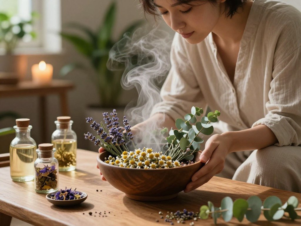 A peaceful botanical steam ritual scene set in a serene, softly lit room. In the foreground, a textured wooden table holds a steaming bowl filled with an assortment of fresh herbs like chamomile, lavender, and eucalyptus, surrounded by delicate glass jars containing oils and dried flowers. The middle layer showcases a person, dressed in modest, light-colored casual clothing, gently leaning over the bowl, inhaling the aromatic steam with a tranquil expression. The background features soft green plants and a softly glowing candle placed on a nearby shelf, creating a calming atmosphere. The lighting is warm and diffused, casting subtle shadows and highlighting the textures of the herbs and the calming environment. Focused on capturing relaxation and wellness, the image embodies a serene, rejuvenating ritual. A peaceful botanical steam ritual scene set in a serene, softly lit room. In the foreground, a textured wooden table holds a steaming bowl filled with an assortment of fresh herbs like chamomile, lavender, and eucalyptus, surrounded by delicate glass jars containing oils and dried flowers. The middle layer showcases a person, dressed in modest, light-colored casual clothing, gently leaning over the bowl, inhaling the aromatic steam with a tranquil expression. The background features soft green plants and a softly glowing candle placed on a nearby shelf, creating a calming atmosphere. The lighting is warm and diffused, casting subtle shadows and highlighting the textures of the herbs and the calming environment. Focused on capturing relaxation and wellness, the image embodies a serene, rejuvenating ritual.