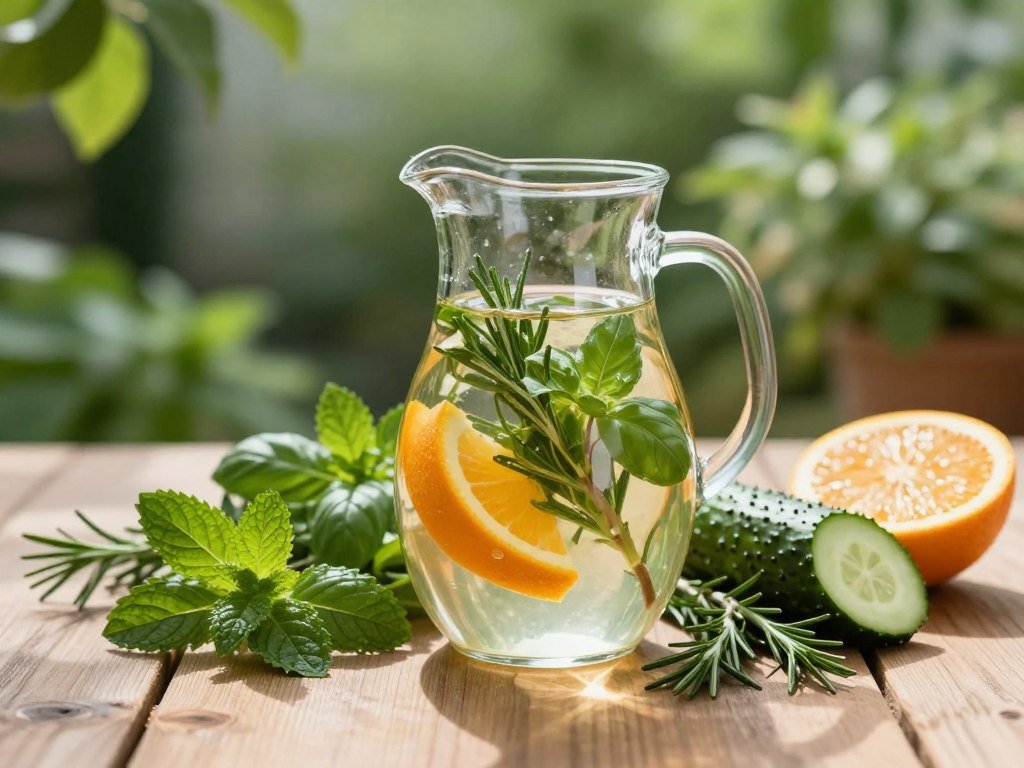A refreshing arrangement of herbal water for skin hydration, featuring a clear glass pitcher filled with vibrant herbal-infused water. In the foreground, the pitcher is surrounded by a variety of fresh herbs like mint, basil, and rosemary, along with slices of cucumber and citrus fruits, adding color and vitality. The middle ground includes a wooden table surface, natural textures enhancing the organic feel. In the background, a softly blurred garden scene with lush greenery, creating a tranquil backdrop that evokes a sense of wellness. The lighting is soft and natural, filtering through leaves, casting gentle shadows and emphasizing the freshness of the ingredients. The mood is calming and inviting, embodying a holistic approach to skincare.