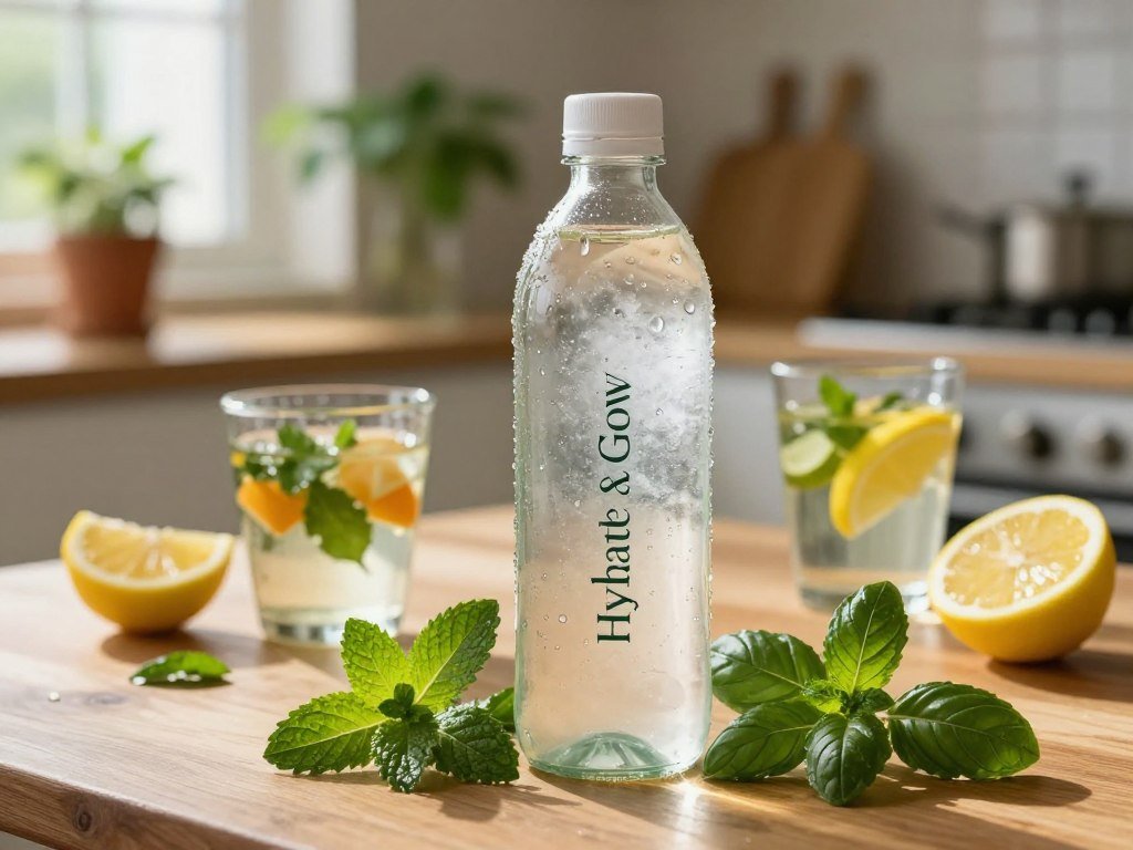 A refreshing bottle of "Hydrate & Glow" herbal water sits elegantly on a wooden table, surrounded by vibrant green herbs like mint and basil, with a few slices of citrus fruits, such as lemon and lime, artistically placed around it. In the foreground, droplets of condensation glisten on the icy, clear bottle, reflecting soft, natural sunlight that pours in from a nearby window, creating a warm and inviting atmosphere. In the middle ground, delicate glass cups filled with the herbal water invite the viewer in, showcasing the vibrant colors of the infused herbs and fruits. The background features a softly blurred kitchen scene with potted plants, evoking a sense of tranquility and wellness. The overall mood is refreshing and revitalizing, ideal for promoting a lifestyle of hydration and radiant skin.