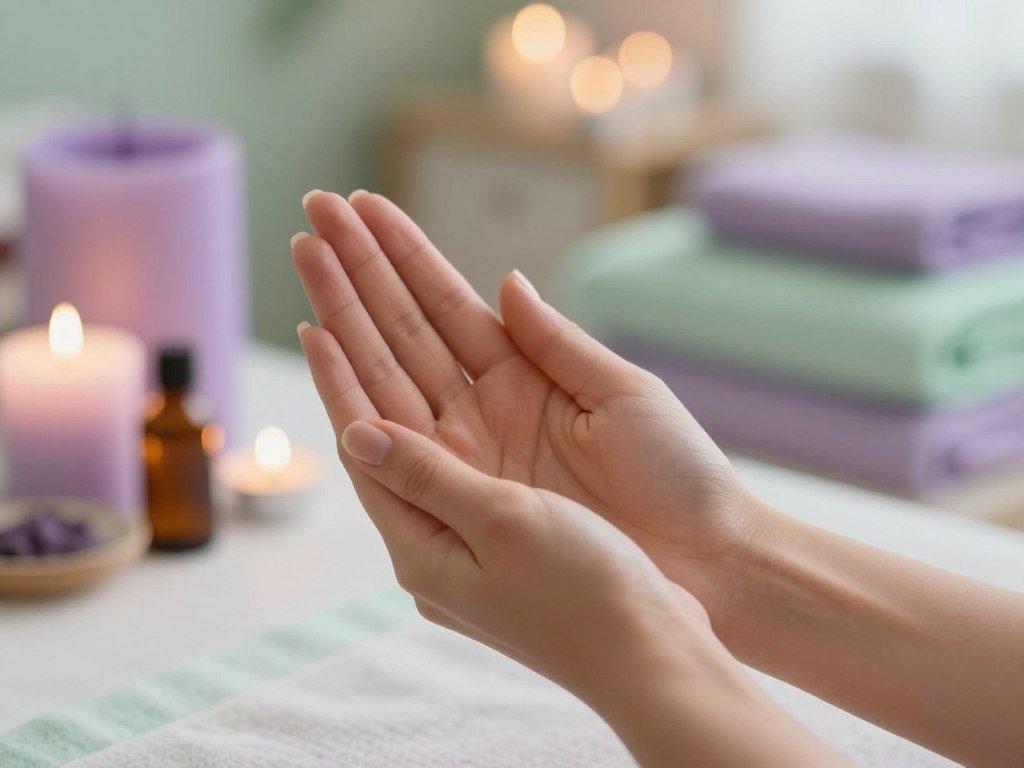 A serene and calming scene focusing on a pair of hands engaged in palm stimulation, representing stress relief through hand reflexology. The hands, depicted in a gentle, relaxing posture, are shown with soft, natural skin tones and perfectly manicured nails. In the foreground, a pair of hands is being gently massaged, with a close-up perspective that captures the intricate details of the palm and fingers. The middle ground features a softly lit, tranquil environment, adorned with soothing colors like lavender and pale green, complemented by candles and essential oil bottles. In the background, an abstract blur of a peaceful room with soft lighting enhances the mood of relaxation and tranquility. The image should convey a sense of calm and wellness, with warm, inviting lighting simulating a serene atmosphere. A serene and calming scene focusing on a pair of hands engaged in palm stimulation, representing stress relief through hand reflexology. The hands, depicted in a gentle, relaxing posture, are shown with soft, natural skin tones and perfectly manicured nails. In the foreground, a pair of hands is being gently massaged, with a close-up perspective that captures the intricate details of the palm and fingers. The middle ground features a softly lit, tranquil environment, adorned with soothing colors like lavender and pale green, complemented by candles and essential oil bottles. In the background, an abstract blur of a peaceful room with soft lighting enhances the mood of relaxation and tranquility. The image should convey a sense of calm and wellness, with warm, inviting lighting simulating a serene atmosphere.