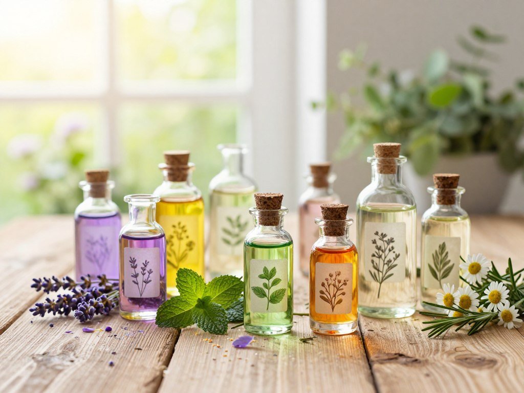 A serene and inviting display of high-quality essential oils arranged on a rustic wooden table. In the foreground, glass bottles of various shapes, filled with colorful, vibrant oils, are artfully placed. Each bottle is labeled with botanical illustrations representing their sources, such as lavender, peppermint, and eucalyptus. In the middle ground, delicate flower petals and fresh herbs, like rosemary and chamomile, are scattered around, emphasizing their natural origins. The background consists of soft-focus greenery and light pastel colors to create a calming atmosphere. Warm, natural light filters through a nearby window, casting a gentle glow on the scene, enhancing the sense of tranquility and wellness. The overall mood communicates peace, relaxation, and the essence of floral aromatherapy. A serene and inviting display of high-quality essential oils arranged on a rustic wooden table. In the foreground, glass bottles of various shapes, filled with colorful, vibrant oils, are artfully placed. Each bottle is labeled with botanical illustrations representing their sources, such as lavender, peppermint, and eucalyptus. In the middle ground, delicate flower petals and fresh herbs, like rosemary and chamomile, are scattered around, emphasizing their natural origins. The background consists of soft-focus greenery and light pastel colors to create a calming atmosphere. Warm, natural light filters through a nearby window, casting a gentle glow on the scene, enhancing the sense of tranquility and wellness. The overall mood communicates peace, relaxation, and the essence of floral aromatherapy.