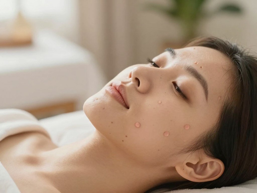 A serene and inviting setting featuring a close-up view of a person's face, showcasing acupressure points. The foreground highlights the facial acupressure points with subtle markings for clarity, emphasizing areas on the forehead, cheeks, and chin. The subject is a person in comfortable, casual clothing, radiating relaxation and tranquility. In the middle ground, a soft, natural light illuminates their skin, enhancing a healthy, glowing complexion. The background is softly blurred, depicting a calming atmosphere with gentle warm tones and hints of greenery or soothing decor, creating an overall mood of peace and rejuvenation. The composition uses a shallow depth of field to focus attention on the face, inviting viewers to contemplate the benefits of acupressure for skin and relaxation.