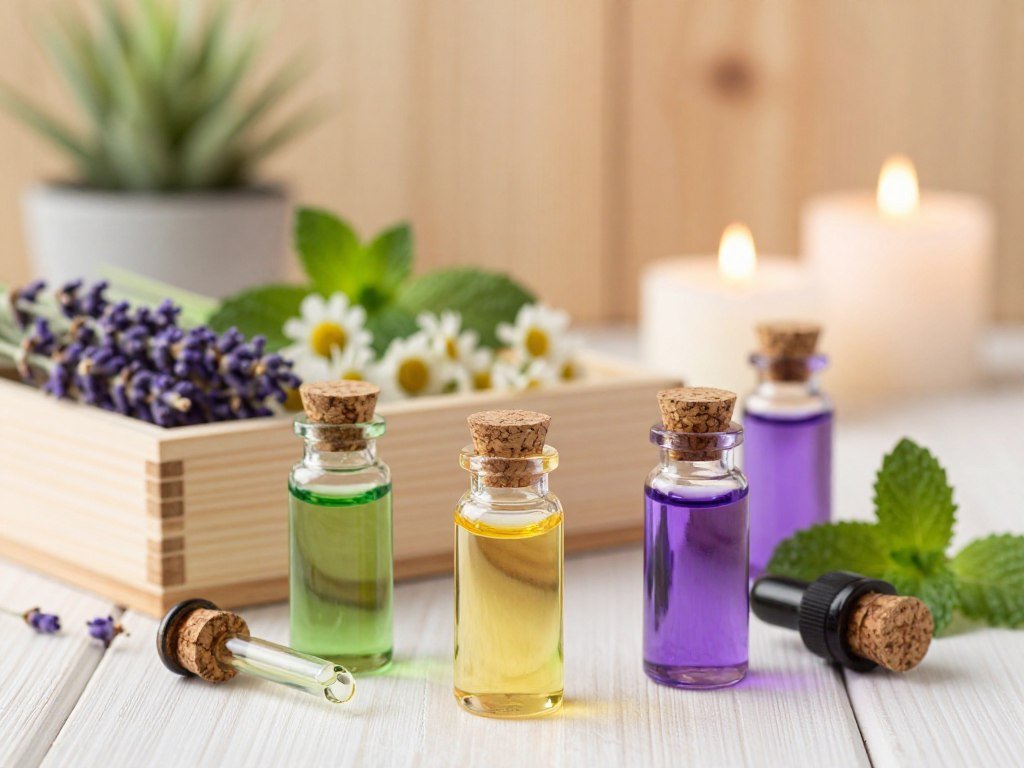 A serene and inviting setup showcasing various aromatic essential oils. In the foreground, elegantly arranged glass bottles filled with vibrant oils in shades of green, yellow, and purple, reflecting soft light. Each bottle is adorned with natural cork stoppers, with a few essential oil droppers laid beside them. In the middle ground, a closed wooden box showing fresh herbs like lavender, chamomile, and mint, hinting at the natural sources of these oils. The background features a softly blurred spa environment with natural wooden textures, gentle plants, and flickering candles casting warm, glowing light, creating a calming atmosphere. The overall mood is tranquil and healing, perfect for aligning with skin care practices. The scene should be captured with a shallow depth of field to enhance focus on the oils.