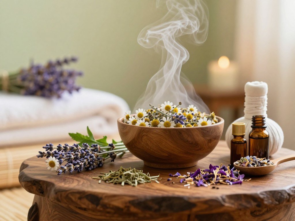 A serene and inviting spa setting focusing on the holistic skincare approach through facial steaming. In the foreground, a finely crafted wooden table holds an assortment of botanical ingredients including fresh herbs, flower petals, and essential oils, emphasizing natural beauty. In the middle ground, a steaming bowl infused with chamomile and lavender releases gentle wisps of steam, creating a calming atmosphere. A soft-focus effect is applied to this area to highlight the steam’s soothing presence. The background features a softly lit ambiance with relaxing pastel tones, including hints of green and lavender. The overall mood is tranquil and rejuvenating, inviting viewers to immerse themselves in a calming skincare ritual. The lighting is warm and diffused, creating a peaceful glow throughout the scene. A serene and inviting spa setting focusing on the holistic skincare approach through facial steaming. In the foreground, a finely crafted wooden table holds an assortment of botanical ingredients including fresh herbs, flower petals, and essential oils, emphasizing natural beauty. In the middle ground, a steaming bowl infused with chamomile and lavender releases gentle wisps of steam, creating a calming atmosphere. A soft-focus effect is applied to this area to highlight the steam’s soothing presence. The background features a softly lit ambiance with relaxing pastel tones, including hints of green and lavender. The overall mood is tranquil and rejuvenating, inviting viewers to immerse themselves in a calming skincare ritual. The lighting is warm and diffused, creating a peaceful glow throughout the scene.