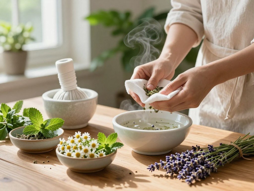 A serene and inviting workspace, illustrating the process of preparing an herbal compress. In the foreground, a wooden table is adorned with fresh herbs like chamomile, lavender, and mint, all carefully arranged in small ceramic bowls. A mortar and pestle sit nearby, alongside a steaming bowl of warm water. In the middle ground, a pair of hands, clad in modest, light-colored clothing, gently wrap herbs in a clean, white cloth, showcasing the ritual's tenderness. Soft, natural lighting streams in from a window, casting a gentle glow on the scene, creating calm shadows. In the background, lush green plants enhance the soothing atmosphere, evoking a sense of tranquility and wellness. The mood is peaceful and restorative, perfect for the ritual of self-care.