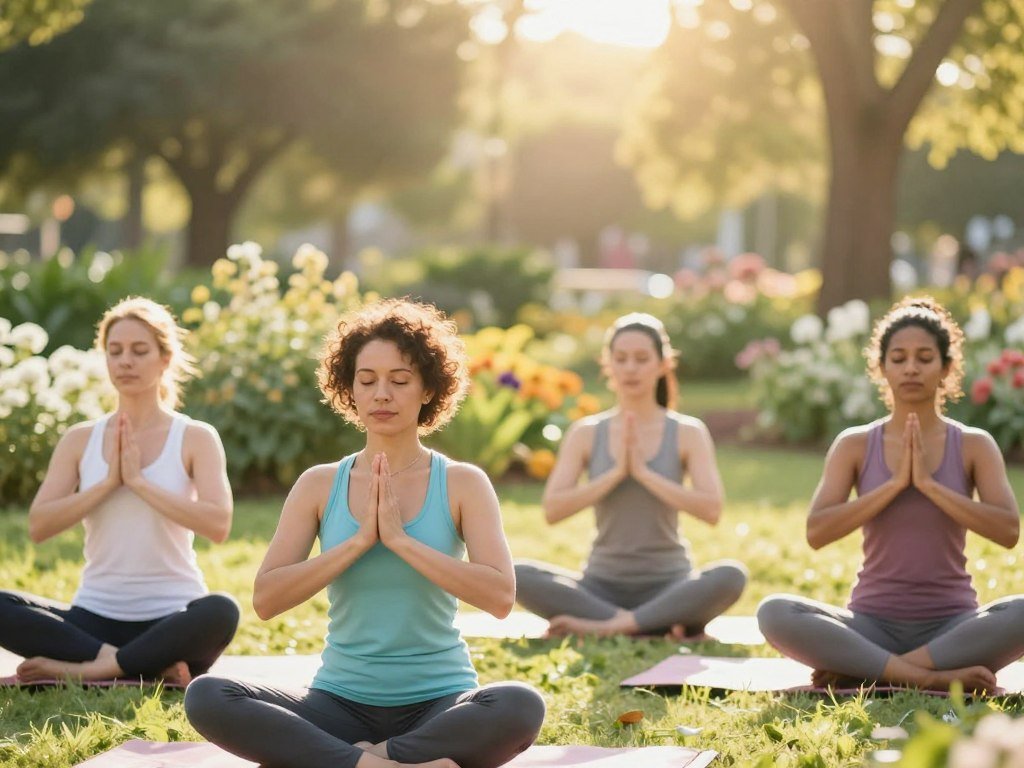 A serene and uplifting composition illustrating the benefits of cycle syncing during the ovulatory phase. In the foreground, a diverse group of four women practicing breathwork together, dressed in professional, comfortable workout attire, embodying focus and vitality. They are engaged in synchronized breathing, surrounded by soft, glowing light that symbolizes energy and balance. In the middle ground, lush greenery and blooming flowers represent the peak of fertility and growth, while gentle sunlight filters through, enhancing the mood of serenity and empowerment. The background features a tranquil natural setting, like a sunlit park, providing a sense of peace and connection to nature. The overall atmosphere is vibrant and harmonious, encouraging a sense of balance and well-being.