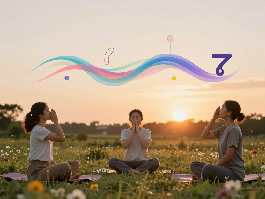 A serene, atmospheric scene depicting the physiological connection between breath and hormonal health. In the foreground, a diverse group of three individuals, wearing modest casual clothing, are practicing breathwork in a tranquil outdoor setting surrounded by soft grass and gentle flowers. The middle layer showcases abstract representations of breath patterns as flowing, colorful waves that intertwine with subtle depictions of hormone symbols like estrogen and testosterone, signifying balance. In the background, a warm sunset casts a golden glow over the landscape, creating a soothing ambiance. The lighting is soft and diffused, enhancing the peaceful mood. The angle captures a slight upward view, emphasizing the unity of human practice and nature, inviting viewers to reflect on well-being.
