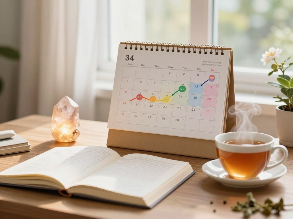A serene, beautifully organized workspace featuring a desk with a soft-focus on a journal open to a page detailing hormone health tips and cycle syncing benefits. In the foreground, a gently glowing crystal, symbolizing balance, sits beside a steaming cup of herbal tea. The middle ground showcases a well-lit calendar illustrating the four phases of the menstrual cycle, color-coded and visually engaging, emphasizing the importance of cycle awareness. In the background, a large window lets in warm, natural light, filtering through sheer curtains, creating a calming atmosphere. The mood is peaceful and inspiring, perfect for promoting health and wellness. The overall composition conveys a sense of empowerment and mindfulness, with a focus on holistic health practices.