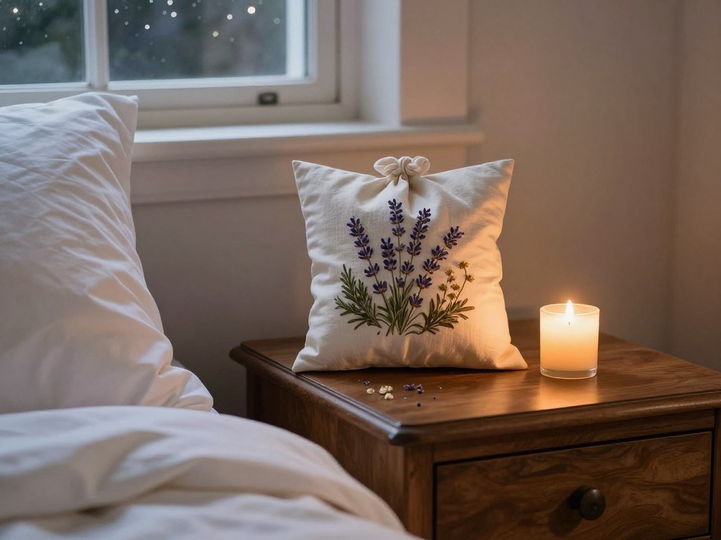 A serene bedside scene featuring an elegant wooden nightstand adorned with a beautiful, artisanal herbal pillow sachet. The sachet, filled with calming herbs like lavender and chamomile, is attractively placed next to a softly glowing candle, casting warm light. In the foreground, delicate silk sheets are partially visible with a plush white pillow that has a hint of greenery from the sachet's herbs. In the background, a softly blurred window showcases a peaceful nighttime sky with twinkling stars. The overall mood is tranquil and inviting, suggesting relaxation and a restful night ahead. The lighting is warm and soft, with gentle shadows enhancing the coziness of the space, captured from a slightly elevated angle to include the details of the nightstand and pillow.