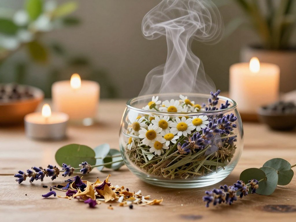 A serene botanical steam ritual scene featuring a glass steamer filled with fresh herbs and flowers such as chamomile, lavender, and eucalyptus, emitting gentle wisps of steam. In the foreground, a beautifully arranged collection of organic ingredients is artfully displayed, including dried petals and green leaves. The middle ground shows the steamer set on a wooden table, surrounded by lit candles casting a warm, soft glow that creates a calming atmosphere. The background features softly blurred greenery and plants, enhancing the botanical theme. The lighting is warm and inviting, capturing the essence of tranquility and relaxation. The overall mood conveys a spa-like environment, promoting a sense of calm and rejuvenation suitable for skin therapy. A serene botanical steam ritual scene featuring a glass steamer filled with fresh herbs and flowers such as chamomile, lavender, and eucalyptus, emitting gentle wisps of steam. In the foreground, a beautifully arranged collection of organic ingredients is artfully displayed, including dried petals and green leaves. The middle ground shows the steamer set on a wooden table, surrounded by lit candles casting a warm, soft glow that creates a calming atmosphere. The background features softly blurred greenery and plants, enhancing the botanical theme. The lighting is warm and inviting, capturing the essence of tranquility and relaxation. The overall mood conveys a spa-like environment, promoting a sense of calm and rejuvenation suitable for skin therapy.