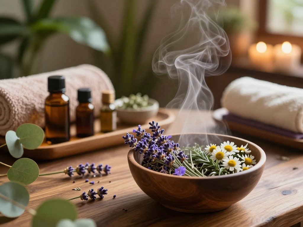 A serene botanical steam ritual set in a calming spa environment. In the foreground, a wooden table holds a steaming bowl filled with a colorful array of fresh herbs and flowers, such as lavender, chamomile, and eucalyptus. Steam gently rises from the bowl, creating a soft haze. The middle ground features a beautifully arranged assortment of essential oils and warm towels, all elegantly displayed. In the background, there are lush green plants and soft, ambient lighting that casts a soothing glow throughout the space, evoking a tranquil atmosphere. The overall scene is captured from a slight overhead angle, emphasizing the intricate details and inviting ambiance of the ritual. The mood is peaceful and restorative, inviting the viewer to embrace relaxation and self-care. A serene botanical steam ritual set in a calming spa environment. In the foreground, a wooden table holds a steaming bowl filled with a colorful array of fresh herbs and flowers, such as lavender, chamomile, and eucalyptus. Steam gently rises from the bowl, creating a soft haze. The middle ground features a beautifully arranged assortment of essential oils and warm towels, all elegantly displayed. In the background, there are lush green plants and soft, ambient lighting that casts a soothing glow throughout the space, evoking a tranquil atmosphere. The overall scene is captured from a slight overhead angle, emphasizing the intricate details and inviting ambiance of the ritual. The mood is peaceful and restorative, inviting the viewer to embrace relaxation and self-care.