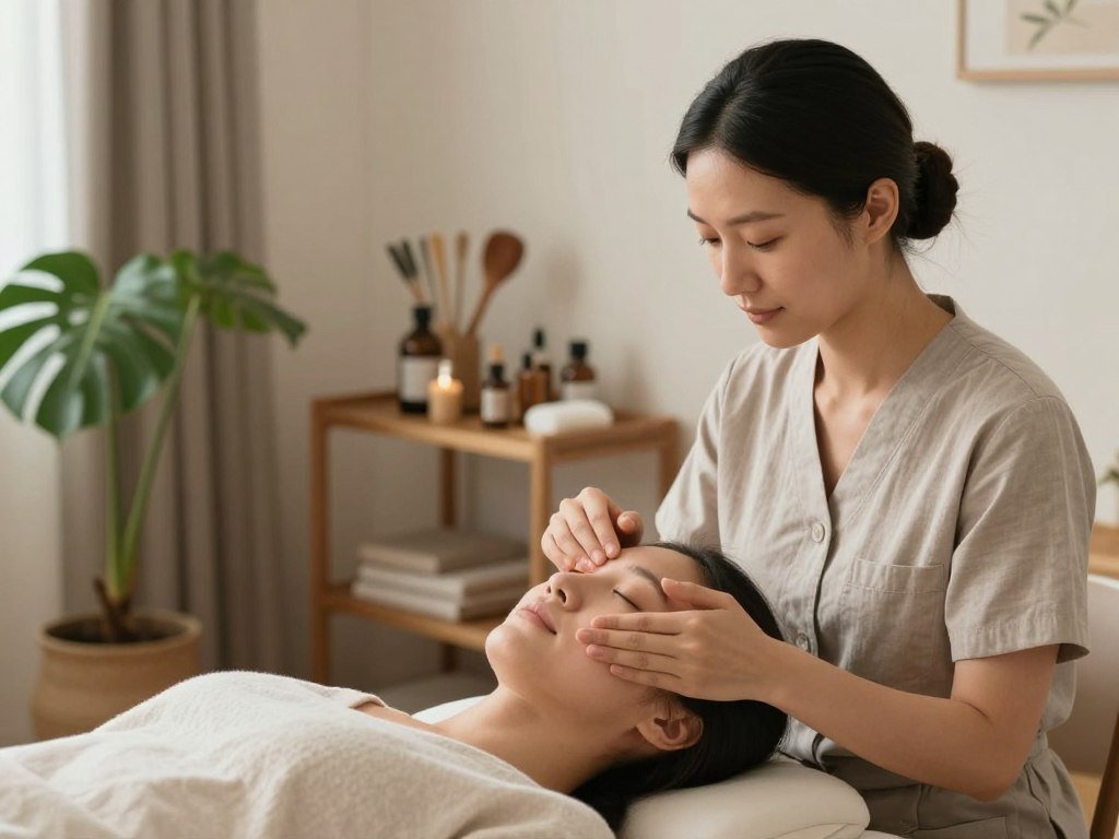 A serene indoor setting focused on facial acupressure techniques. In the foreground, a female practitioner in professional attire gently demonstrates acupressure points on the face of a client sitting comfortably in a relaxed position, both exhibiting peaceful expressions. The middle ground should showcase a softly lit therapy room, adorned with natural elements like plants, enhancing a calming atmosphere. In the background, a shelf displays various wellness tools and essential oils, hinting at holistic practices. Soft, diffused lighting creates a tranquil ambiance, highlighting the soothing tones of earthy colors throughout the scene. The angle captures both the practitioner’s hands and the client’s face clearly, emphasizing the mindful connection during the treatment.