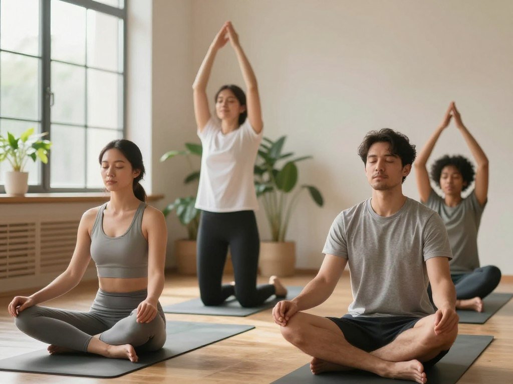 A serene indoor setting for energizing breathing exercises, featuring a diverse group of four individuals practicing mindfulness. In the foreground, two participants, a man and a woman, are seated cross-legged on yoga mats, eyes closed, in a peaceful meditation pose. The woman wears modest, casual athletic apparel, while the man is in a simple, fitted t-shirt and shorts. In the middle, another participant stands with arms raised above their head, breathing deeply, radiating positivity. The fourth individual, a person of diverse ethnicity, practices focused breathing in the background, maintaining a relaxed posture. Soft, natural light filters through large windows, illuminating the space with a warm glow, enhancing the tranquil atmosphere. The walls are adorned with plants, subtly reflecting a connection to nature, promoting a sense of balance and focus during morning sessions.