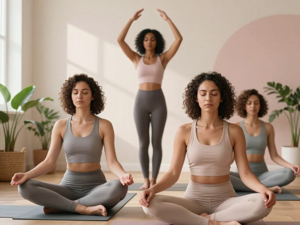 A serene indoor setting that illustrates hormone balance techniques, featuring a diverse group of three women practicing breathwork during the menstrual phase. In the foreground, one woman sits cross-legged on a yoga mat, exuding calmness, dressed in modest, comfortable clothing. In the middle, another woman stands with arms raised, her posture embodying strength and tranquility. The background consists of softly lit indoor plants and calming pastel colors, enhancing the atmosphere of peace and renewal. Soft, natural light filters through a window, casting gentle shadows. The composition focuses on harmony and balance, emphasizing mindfulness and well-being, creating an inviting and inspiring mood.