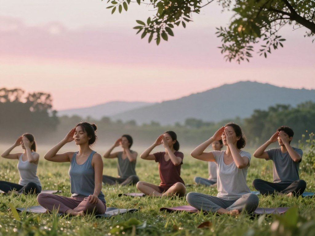 A serene morning scene showcasing a tranquil environment for energizing breaths and hormone balance. In the foreground, a diverse group of individuals in modest casual clothing practice deep breathing exercises on a soft, grassy meadow, surrounded by morning dew. Their expressions reflect calmness and rejuvenation as sunlight gently filters through leaves, casting dappled light on their faces. In the middle ground, a clear sky pinks with the dawn light, symbolizing renewal and energy. The background features lush greenery and distant mountains, enhancing the sense of serenity. Soft, warm lighting creates an uplifting atmosphere, inviting viewers to embrace the refreshing start of the day. The image captures a harmonious balance between activity and tranquility, embodying the theme of energy and hormonal balance through mindful breathing.