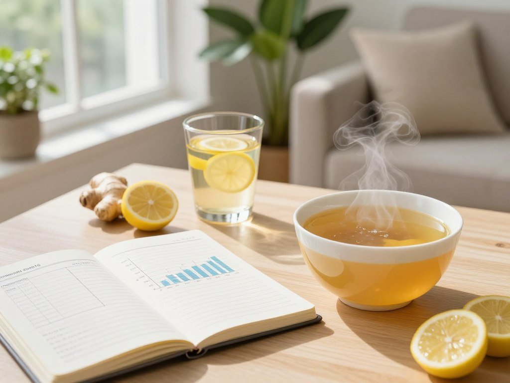 A serene, organized workspace featuring a beautiful layout for tracking skin benefits and digestive health. In the foreground, a sleek notebook with neatly arranged graphs and notes sits next to a steaming bowl of rich, golden bone broth. The middle ground showcases a soft, natural light filtering through the window, illuminating a clear glass with fresh ginger and lemon slices, symbolizing gut health. In the background, a large potted plant adds a touch of vitality, while a couch with plush cushions invites relaxation. The atmosphere is calm and encouraging, with a warm color palette. The scene is captured from a slightly elevated angle, focusing on the details of the tracking tools and healthy ingredients, exuding a sense of wellness and progress in skin transformation.