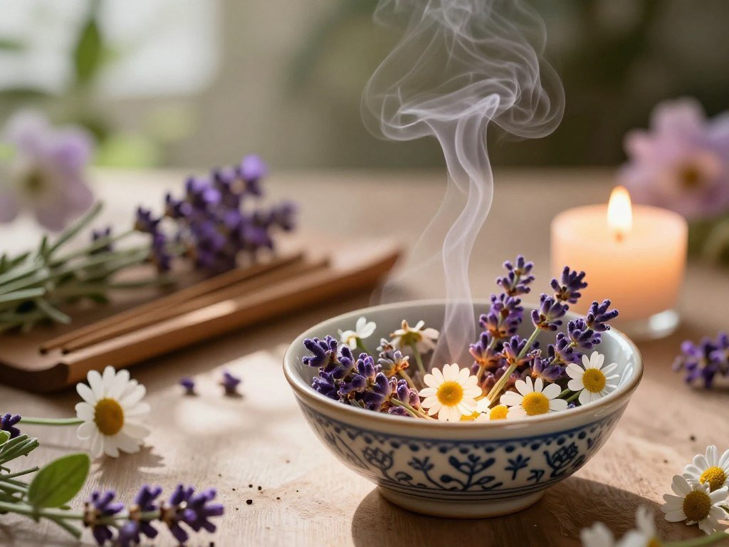 A serene scene capturing the essence of "inner glow" through floral aromatherapy rituals. In the foreground, a delicate, intricately patterned ceramic bowl filled with vibrant, fresh herbs like lavender and chamomile, radiates a soft, warm light. A gentle stream of vapor rises from the bowl, softly illuminated by a flickering candle nearby, creating an alluring glow. In the middle ground, a wooden surface adorned with calming incense and elegant flower arrangements, effortlessly capturing the tranquility of the moment. The background features blurred greenery and soft pastels, instilling a peaceful atmosphere, with dappled sunlight filtering through leaves. The overall mood is meditative and inviting, suggesting relaxation and inner peace, seen through a slightly high angle lens with soft focus and warm lighting. A serene scene capturing the essence of "inner glow" through floral aromatherapy rituals. In the foreground, a delicate, intricately patterned ceramic bowl filled with vibrant, fresh herbs like lavender and chamomile, radiates a soft, warm light. A gentle stream of vapor rises from the bowl, softly illuminated by a flickering candle nearby, creating an alluring glow. In the middle ground, a wooden surface adorned with calming incense and elegant flower arrangements, effortlessly capturing the tranquility of the moment. The background features blurred greenery and soft pastels, instilling a peaceful atmosphere, with dappled sunlight filtering through leaves. The overall mood is meditative and inviting, suggesting relaxation and inner peace, seen through a slightly high angle lens with soft focus and warm lighting.