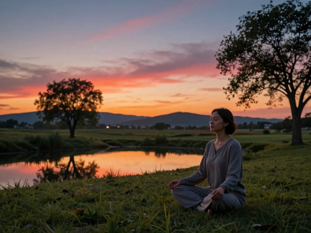 A serene scene depicting a sunset breathwork session in a tranquil outdoor setting. In the foreground, a person dressed in modest, comfortable clothing sits cross-legged on a soft, grassy patch, eyes closed, with a peaceful expression. The middle ground features gently swaying trees and a small, reflective pond that mirrors the vibrant hues of the sunset sky—rich oranges and pinks blending into deeper blues. In the background, rolling hills fade into the horizon under a colorful sky. The lighting is warm and soft, casting a gentle glow around the figure, creating a calming atmosphere. The composition captures a sense of balance and tranquility, inviting viewers into the practice of breathwork during sunset.