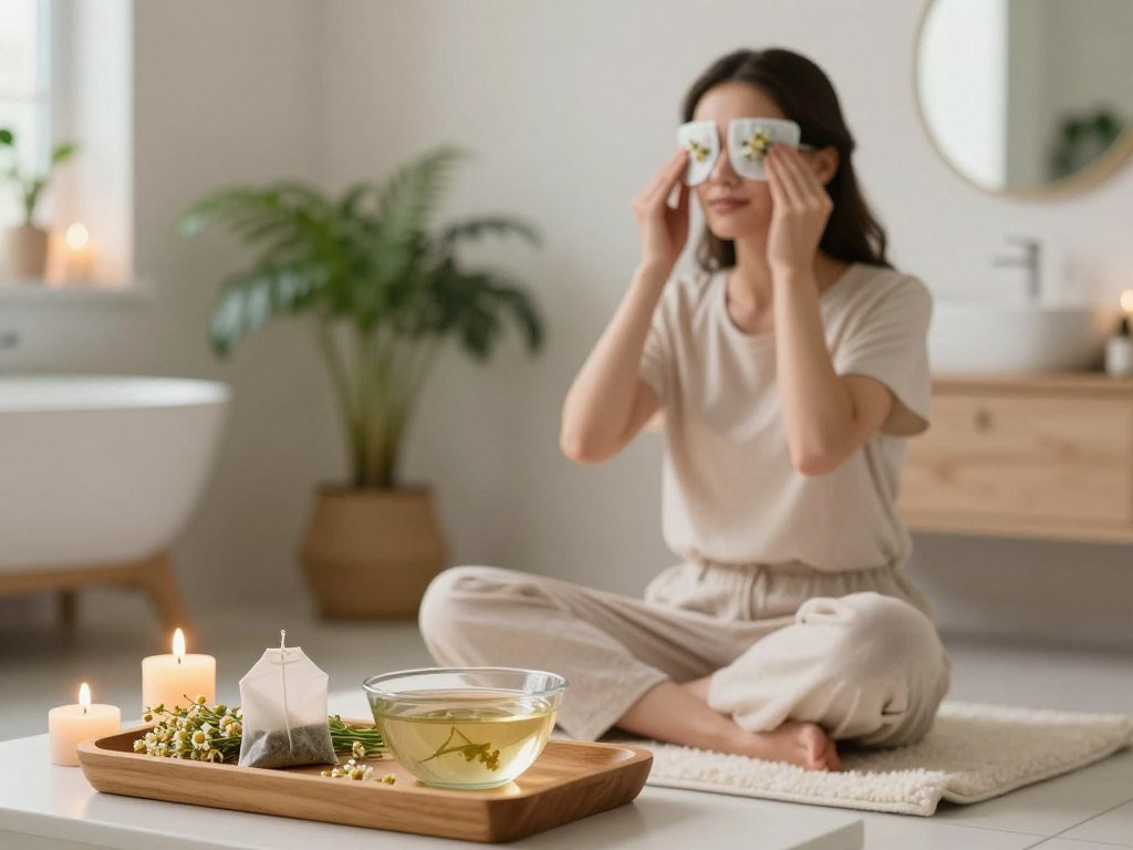 A serene scene of a calming eye care ritual set in a softly lit bathroom. In the foreground, a wooden tray holds herbal tea bags, fresh chamomile flowers, and a small bowl filled with cool water, surrounded by soothing candles flickering gently. In the middle, a woman dressed in modest, casual clothing sits comfortably on a fluffy bathroom rug, gently placing herbal compresses over her eyes, a look of tranquility on her face. The background features soft-focus bathroom elements like lush green plants and a large mirror reflecting the warm, inviting glow from the candles. Overall, the atmosphere exudes peace, relaxation, and self-care, perfect for illustrating a soothing eye care routine.