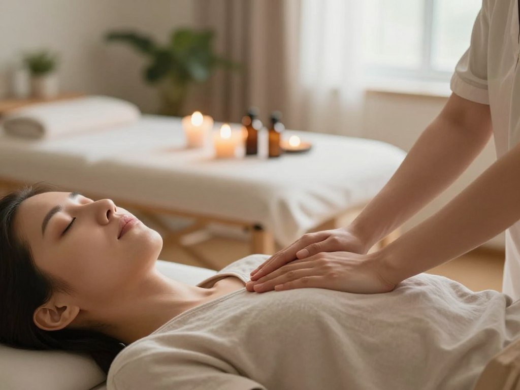 A serene scene of hand reflexology focused on natural stress relief. In the foreground, a calm individual dressed in modest, casual clothing is seated comfortably with their eyes closed, enjoying the ritual. Their hands are being gently massaged by a trained reflexologist, who is wearing professional attire, highlighting their expertise. In the middle ground, a soft-lit massage table adorned with aromatic candles and essential oil bottles creates a soothing atmosphere. The background features a tranquil room with soft, muted colors, indoor plants, and gentle natural light filtering in through a window, enhancing the peaceful ambiance. The overall mood is tranquil and rejuvenating, inviting relaxation and mindfulness. The focus is on hands and the ritual, with a warm and inviting color palette. A serene scene of hand reflexology focused on natural stress relief. In the foreground, a calm individual dressed in modest, casual clothing is seated comfortably with their eyes closed, enjoying the ritual. Their hands are being gently massaged by a trained reflexologist, who is wearing professional attire, highlighting their expertise. In the middle ground, a soft-lit massage table adorned with aromatic candles and essential oil bottles creates a soothing atmosphere. The background features a tranquil room with soft, muted colors, indoor plants, and gentle natural light filtering in through a window, enhancing the peaceful ambiance. The overall mood is tranquil and rejuvenating, inviting relaxation and mindfulness. The focus is on hands and the ritual, with a warm and inviting color palette.