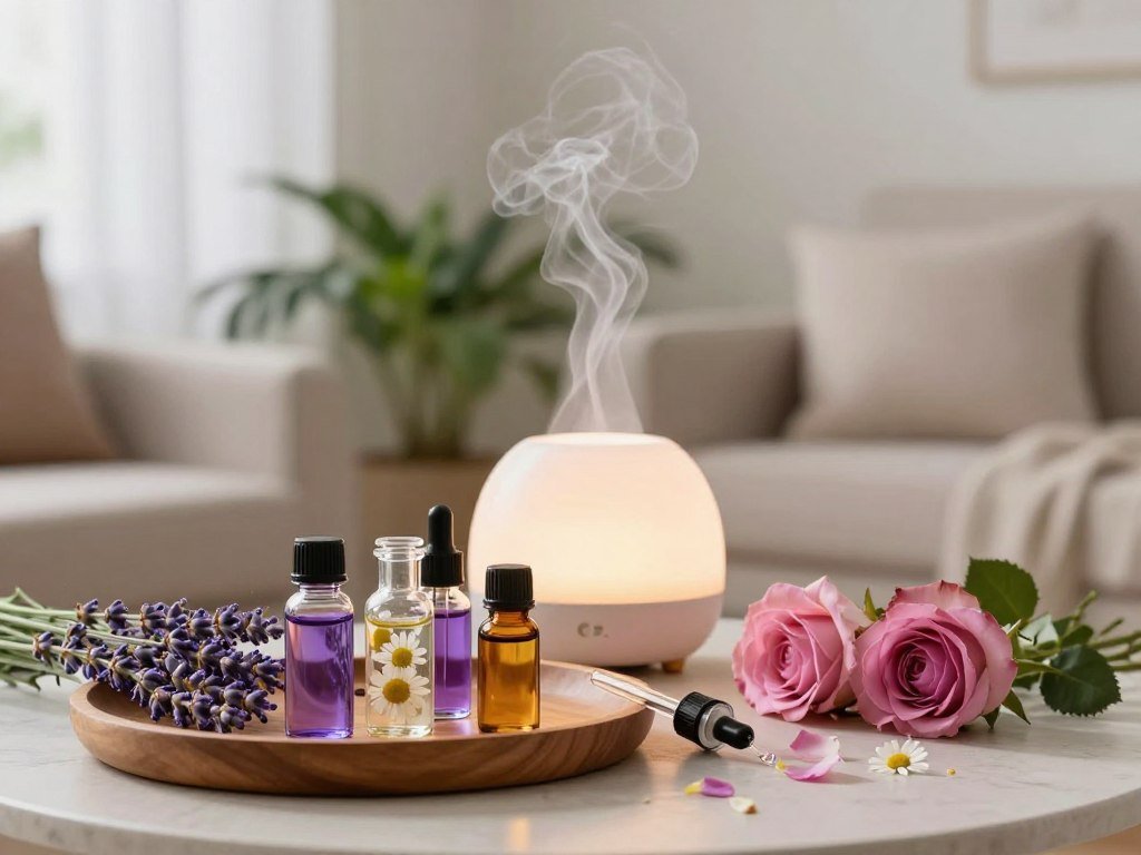 A serene scene showcasing various therapeutic floral scents for aromatherapy. In the foreground, an elegant wooden tray displays an assortment of essential oil bottles filled with vibrant floral extracts, including lavender, chamomile, and rose. Delicate glass droppers are set nearby, with scattered petals creating a calming ambiance. In the middle ground, a softly glowing diffuser releases wisps of fragrant mist, surrounded by lush green plants that enhance the tranquility. The background features a softly lit room, decorated with light-colored soft furnishings and light, sheer curtains gently billowing. The atmosphere conveys peace and relaxation, with warm, diffused lighting creating a soothing, inviting vibe. The overall composition emphasizes wellness and safety while using floral aromatherapy at home, framed with a gentle focus that enhances the comforting scene. A serene scene showcasing various therapeutic floral scents for aromatherapy. In the foreground, an elegant wooden tray displays an assortment of essential oil bottles filled with vibrant floral extracts, including lavender, chamomile, and rose. Delicate glass droppers are set nearby, with scattered petals creating a calming ambiance. In the middle ground, a softly glowing diffuser releases wisps of fragrant mist, surrounded by lush green plants that enhance the tranquility. The background features a softly lit room, decorated with light-colored soft furnishings and light, sheer curtains gently billowing. The atmosphere conveys peace and relaxation, with warm, diffused lighting creating a soothing, inviting vibe. The overall composition emphasizes wellness and safety while using floral aromatherapy at home, framed with a gentle focus that enhances the comforting scene.