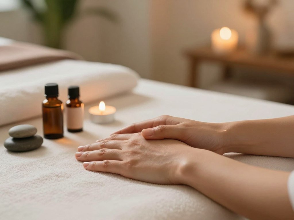 A serene setting for a hand massage, featuring a cozy, softly lit room. In the foreground, a pair of hands gently receiving a hand massage, with a focus on smooth, relaxed skin. The hands are surrounded by calming elements like small stones, essential oil bottles, and a lit candle, creating an inviting atmosphere. In the middle ground, a plush massage table draped with soft fabrics harmonizes with natural colors. The background has houseplants filtering soft, warm light, enhancing the tranquil environment. The image should capture a close-up perspective, emphasizing the smooth textures and glowing skin, evoking a soothing, mindful experience. The mood is peaceful and comforting, perfect for a wellness ritual. A serene setting for a hand massage, featuring a cozy, softly lit room. In the foreground, a pair of hands gently receiving a hand massage, with a focus on smooth, relaxed skin. The hands are surrounded by calming elements like small stones, essential oil bottles, and a lit candle, creating an inviting atmosphere. In the middle ground, a plush massage table draped with soft fabrics harmonizes with natural colors. The background has houseplants filtering soft, warm light, enhancing the tranquil environment. The image should capture a close-up perspective, emphasizing the smooth textures and glowing skin, evoking a soothing, mindful experience. The mood is peaceful and comforting, perfect for a wellness ritual.
