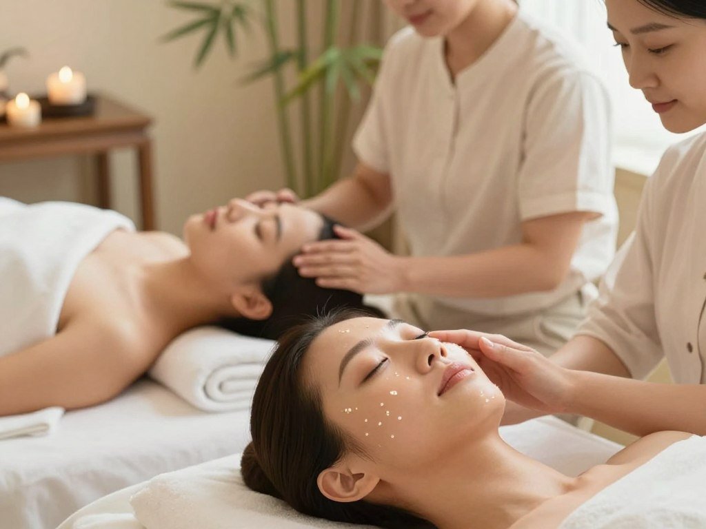 A serene spa environment featuring a diverse group of individuals engaging in facial acupressure techniques. In the foreground, a woman with glowing skin gently applying pressure to specific points on her face, showcasing a radiant expression. Her serene demeanor reflects relaxation and rejuvenation. The middle ground captures two individuals practicing together, emphasizing connection and wellness. Soft, diffused natural lighting simulates a warm and inviting atmosphere, enhancing the glow of their skin. The background displays calming elements like bamboo plants and soft towels, contributing to a soothing ambiance. The framing should focus on the facial techniques, shot from a slightly elevated angle to highlight the facial interactions and a sense of tranquility in the space.