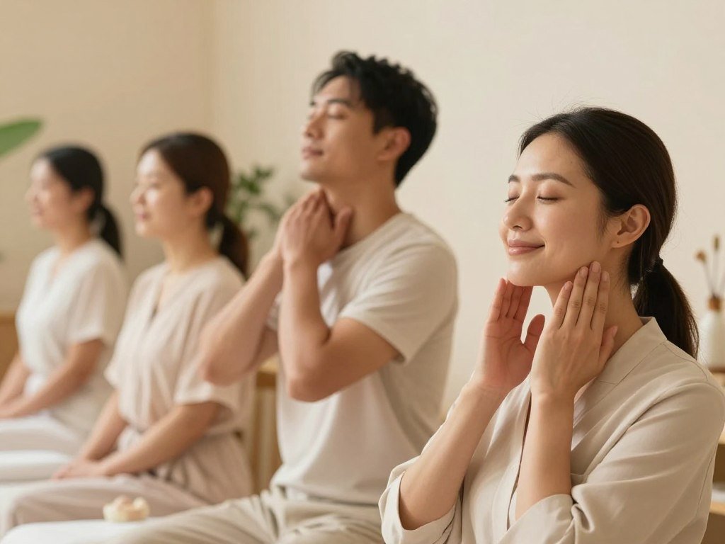A serene spa-like setting featuring a diverse group of individuals engaged in facial rejuvenation exercises, focusing on jaw and neck relaxation. In the foreground, showcase a woman in professional casual attire demonstrating a gentle exercise with her hands on her jawline, smiling peacefully. In the middle ground, include a man using acupressure techniques on his neck, looking relaxed and centered. The background should depict subtle, calming elements like soft cream-colored walls, plants in soft light, and soothing, blurred visuals of nature-inspired decor. A warm and inviting atmosphere is highlighted by soft, diffused natural lighting, creating a tranquil mood. Utilize a shallow depth of field to bring attention to the subjects while allowing the background to provide context without distraction.