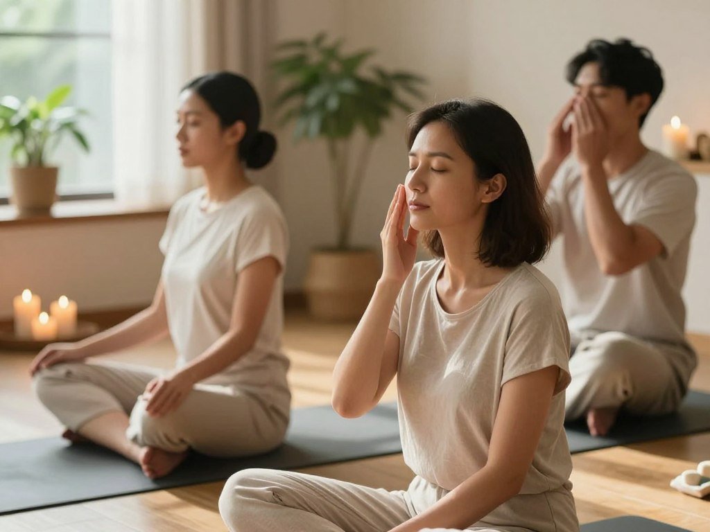 A serene spa setting featuring a diverse group of three individuals practicing facial rejuvenation exercises. In the foreground, a woman with medium-length hair performs gentle acupressure on her cheeks while seated cross-legged on a yoga mat, wearing a comfortable, modest outfit. Beside her, a man uses his fingers to lightly massage his forehead, displaying a calm expression. In the background, soft candlelight creates a warm, soothing atmosphere alongside peaceful greenery from potted plants. The scene is softly illuminated with natural light streaming through a window, casting gentle shadows, enhancing the sense of tranquility. The focus is on their serene faces and relaxed postures, conveying a mood of mindfulness and self-care in a harmonious environment.