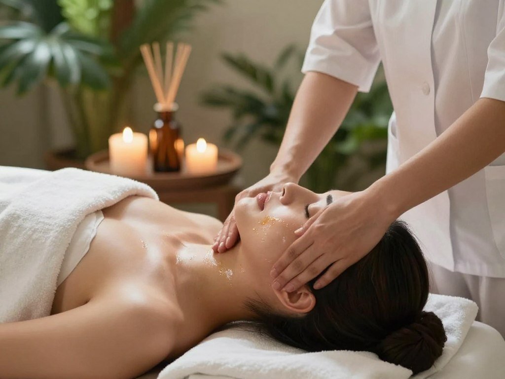 A serene spa setting featuring a relaxing herbal oil massage focused on the neck area. In the foreground, a therapist, wearing a professional white tunic, gently administers a soothing oil massage to a client’s neck, who is comfortably lying on a massage table. The therapist's hands are delicately applying shimmering herbal oil, emphasizing softness and care. In the middle ground, calming elements like an essential oil diffuser and candles are softly glowing, casting warm light across the scene. The background displays lush green plants and soft, diffused natural lighting, creating a tranquil and luxurious atmosphere. The overall mood is peaceful, promoting relaxation and wellness, with an emphasis on radiant and healthy skin.