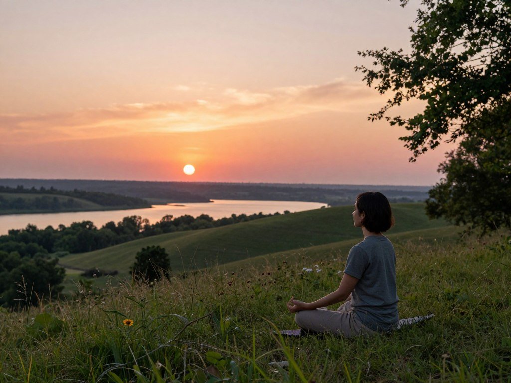 A serene sunset over a tranquil landscape, with soft orange and pink hues blending in the sky. In the foreground, a person wearing modest casual clothing is seated cross-legged on the grass, engaged in breathwork, exuding a sense of calm and focus. The middle ground features gentle rolling hills and lush greenery, with wildflowers dotting the landscape, enhancing the feeling of natural beauty. The background showcases a calm lake reflecting the sunset colors, while soft, diffused lighting creates a warm, inviting atmosphere. A slight breeze stirs the leaves of nearby trees, evoking a peaceful and rejuvenating vibe, perfect for an article about natural stress relief techniques.