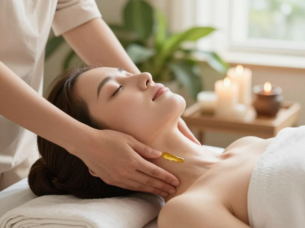 A serene wellness scene featuring a close-up of a young woman enjoying a herbal oil massage on her neck, conveying the concept of natural skin rejuvenation. In the foreground, her hands are gently massaging her neck, showcasing the warm, olive oil's sheen that glistens under natural light. The middle ground displays lush green plants and calming spa elements like candles and soft fabrics, creating a tranquil atmosphere. The background includes soft, diffused sunlight streaming through a window, enhancing the relaxed ambiance and illuminating her radiant skin. The mood is peaceful and rejuvenating, reflecting a daily self-care routine focused on holistic wellness. The woman is dressed in modest, comfortable attire, exuding a sense of professionalism and tranquility.