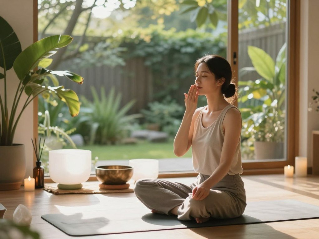 A serene wellness space dedicated to holistic hormone balance. In the foreground, a peaceful woman in modest casual clothing practices breathwork, seated on a yoga mat, surrounded by natural elements like plants and crystals. Her expression conveys tranquility and focus. The middle ground features calming meditation props, such as a crystal singing bowl and essential oil diffusers, with soft, glowing lights creating an inviting atmosphere. In the background, large windows open to a lush garden, bathed in warm, natural sunlight that enhances the sense of harmony. The overall mood is tranquil and rejuvenating, inviting viewers to embrace a lifestyle centered on balance and wellness. The image captures the essence of integrating holistic practices into daily life with a soft focus, emphasizing calmness and connectivity to nature.