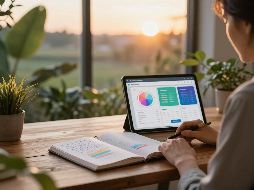 A serene workspace inspired by a natural environment, featuring a person dressed in professional business attire, seated at a wooden desk surrounded by plants. The foreground highlights a journal with handwritten notes and a colorful graph tracking progress in balancing hormones. In the middle ground, a digital tablet displays wellness apps with vibrant visuals of physiological data. The background captures a warm sunset filtering through large windows, casting soft, golden light across the room, creating a peaceful ambiance. The overall atmosphere is calm and reflective, promoting a sense of focus and mindfulness. The image is shot with a shallow depth of field, emphasizing the subject and desk while blurring the serene outdoor scenery.