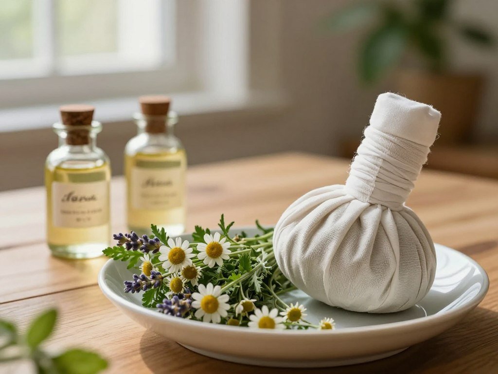 A soothing herbal eye treatment scene, featuring a close-up of a calming compress made from fresh chamomile and lavender, set on a delicate porcelain plate. In the foreground, focus on the lush, vibrant green herbs, their textures and colors contrasting against the soft white porcelain. The middle ground displays a pair of small glass jars containing herbal oils and infusions, their labels elegantly handwritten, reflecting a natural aesthetic. In the background, a softly illuminated wooden table creates a warm, inviting atmosphere, accented by a blurred out-of-focus indoor plant. Soft, diffused sunlight filters through a nearby window, creating gentle highlights that enhance the tranquility of the scene. The overall ambiance conveys a sense of relaxation and healing, encapsulating the essence of an herbal calm ritual for soothing puffy eyes.