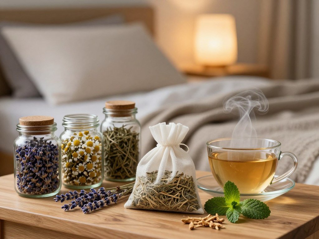 A tranquil herbal sleep remedy scene, featuring a neatly arranged wooden table showcasing a variety of dried herbs such as lavender, chamomile, and valerian root in glass jars. In the foreground, a delicate muslin sachet filled with these herbs is gently placed next to a steaming cup of herbal tea, with fresh sprigs of mint for freshness. The middle ground reflects a softly lit bedroom ambiance, with a cozy, inviting pillow and a gently folded blanket in muted earth tones. The background reveals a softly glowing bedside lamp casting warm light, enhancing the serene atmosphere. The composition highlights a calming, peaceful mood, evoking a sense of relaxation and comfort, captured from a slight angle to emphasize depth and warmth in the scene.