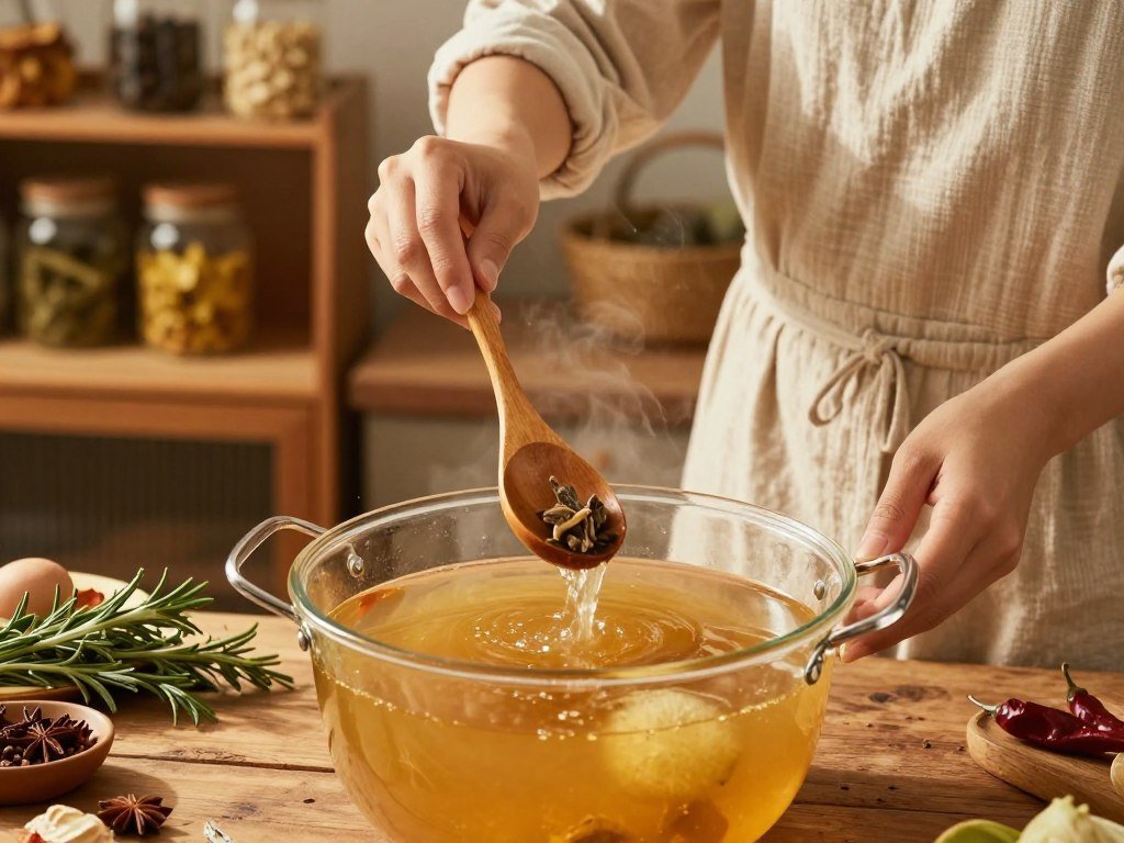A tranquil kitchen setting with warm, golden lighting, showcasing a person in modest casual clothing preparing bone broth. In the foreground, a simmering pot of rich, golden broth sits atop a rustic wooden table adorned with fresh herbs, spices, and vegetables. The middle layer features a close-up of the person gently stirring the broth with a wooden spoon, their focused expression conveying the care involved in the ritual. In the background, soft shelves filled with jars of dried herbs and natural ingredients create a homely atmosphere, hinting at warmth and tradition. The scene evokes a sense of calm and nurturing energy, emphasizing the transformative power of bone broth for holistic well-being, with an inviting focus on natural textures and earthy colors.