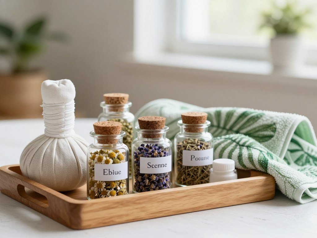 A tranquil scene featuring an eye care routine, showcasing herbal compress supplies. In the foreground, a wooden tray holds delicate glass jars filled with dried herbs like chamomile and lavender, alongside a pretty cloth herbal compress. The jars are labeled and beautifully arranged. In the middle, a soothing green leaf-patterned towel is elegantly draped nearby, hinting at a calming ritual. In the background, soft ambient light filters through a window, creating a serene atmosphere. Subtle hints of nature, like potted plants, add to the calming vibe. The overall composition is warm and inviting, designed to evoke a sense of relaxation and self-care.