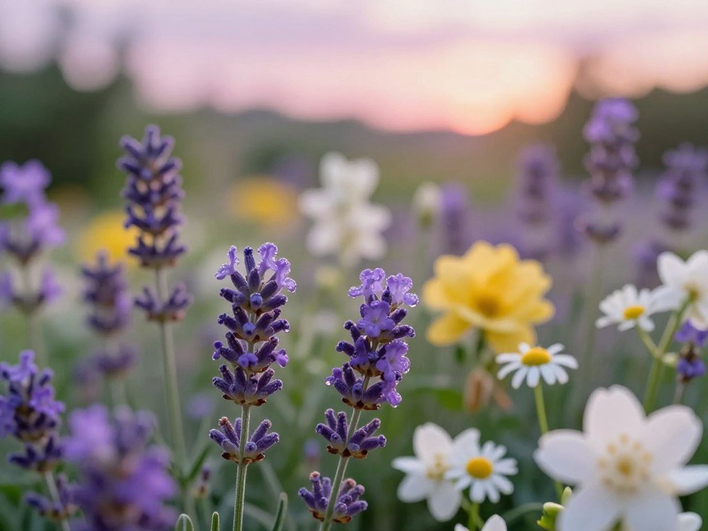 A vibrant composition of aromatic flowers, showcasing a variety of species such as lavender, chamomile, and jasmine, gracefully intertwined. In the foreground, detailed close-ups highlight the delicate petals and dewdrops glistening in soft morning light. The middle ground features a soft-focus arrangement of larger blooms, presenting a harmonious blend of colors including calming purples, gentle yellows, and soothing whites. The background introduces a blurred, ethereal garden scene, with hints of lush green leaves and a pastel sunset sky. The overall atmosphere is tranquil and inviting, with warm, diffused lighting that evokes a sense of serenity and wellness, ideal for illustrating the therapeutic qualities of these aromatic flowers. A vibrant composition of aromatic flowers, showcasing a variety of species such as lavender, chamomile, and jasmine, gracefully intertwined. In the foreground, detailed close-ups highlight the delicate petals and dewdrops glistening in soft morning light. The middle ground features a soft-focus arrangement of larger blooms, presenting a harmonious blend of colors including calming purples, gentle yellows, and soothing whites. The background introduces a blurred, ethereal garden scene, with hints of lush green leaves and a pastel sunset sky. The overall atmosphere is tranquil and inviting, with warm, diffused lighting that evokes a sense of serenity and wellness, ideal for illustrating the therapeutic qualities of these aromatic flowers.