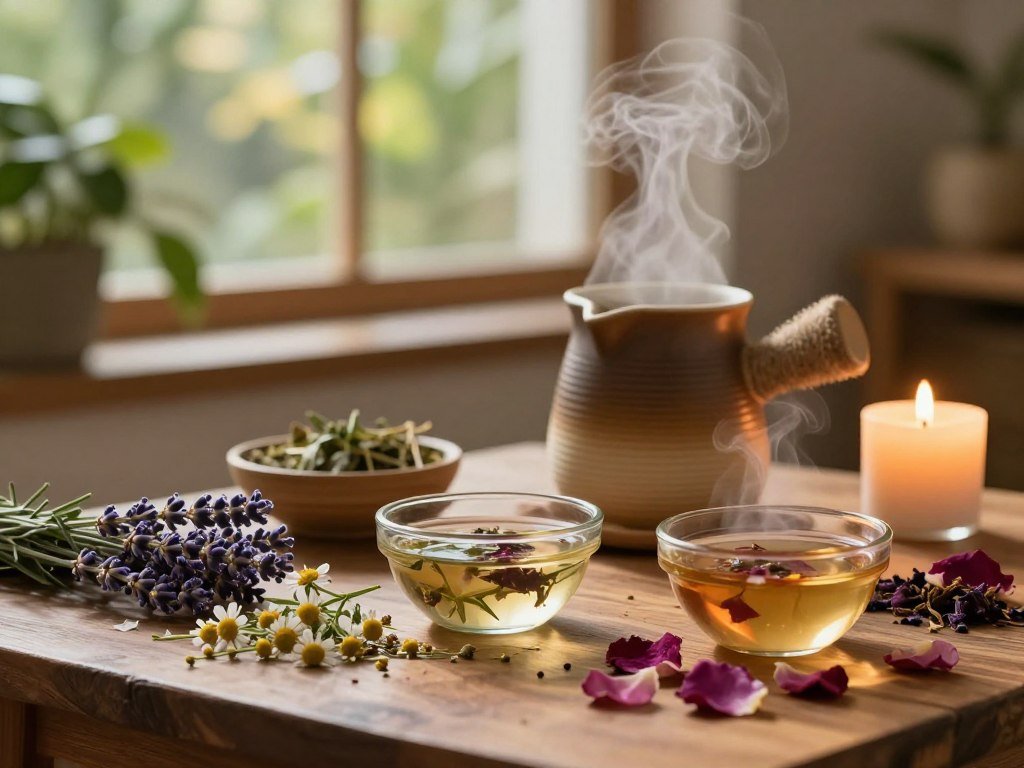 An inviting, serene setting for an organic skincare ritual unfolds in a softly lit room. In the foreground, a beautifully arranged wooden table showcases a collection of fresh botanicals like lavender, chamomile, and rose petals, alongside elegant glass bowls filled with steaming herbal infusions. In the middle ground, a delicate ceramic steam pot emits wisps of steam, while a lit candle casts a gentle glow, enhancing the calming atmosphere. The background reveals lush greenery through a softly blurred window, creating an intimate and tranquil ambiance. The lighting is warm and natural, reminiscent of golden hour, highlighting the textures of the herbs and the ceramics. The overall mood conveys relaxation and rejuvenation, inviting viewers to explore the practice of selecting the right botanic ingredients for their skin type. An inviting, serene setting for an organic skincare ritual unfolds in a softly lit room. In the foreground, a beautifully arranged wooden table showcases a collection of fresh botanicals like lavender, chamomile, and rose petals, alongside elegant glass bowls filled with steaming herbal infusions. In the middle ground, a delicate ceramic steam pot emits wisps of steam, while a lit candle casts a gentle glow, enhancing the calming atmosphere. The background reveals lush greenery through a softly blurred window, creating an intimate and tranquil ambiance. The lighting is warm and natural, reminiscent of golden hour, highlighting the textures of the herbs and the ceramics. The overall mood conveys relaxation and rejuvenation, inviting viewers to explore the practice of selecting the right botanic ingredients for their skin type.