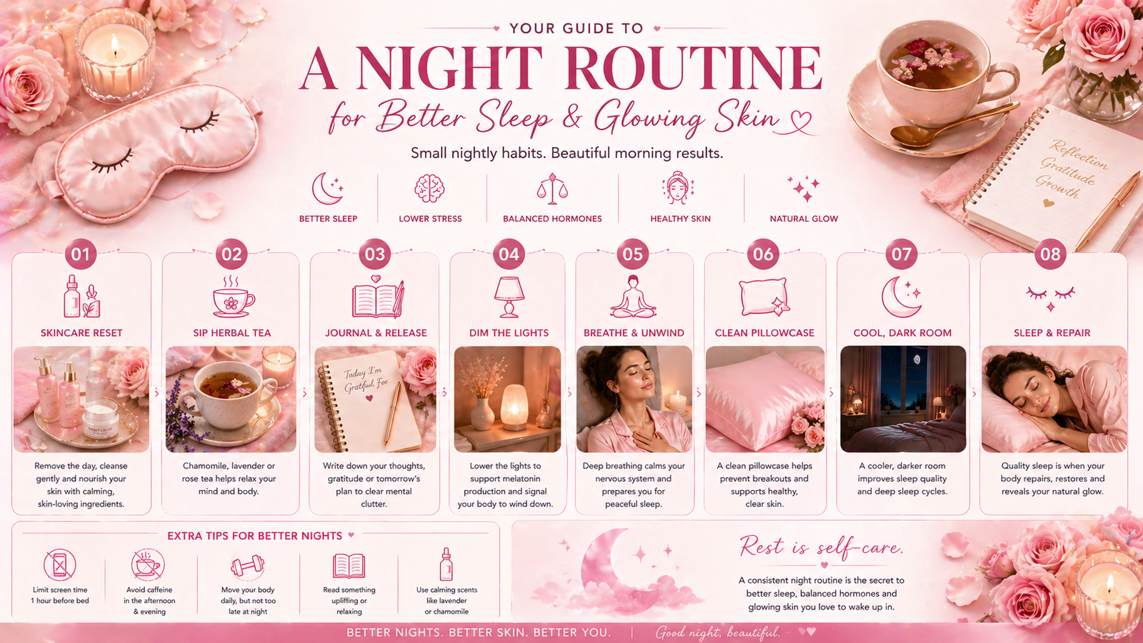 Night routine for sleep and beauty showing skincare calm lighting journaling and rest