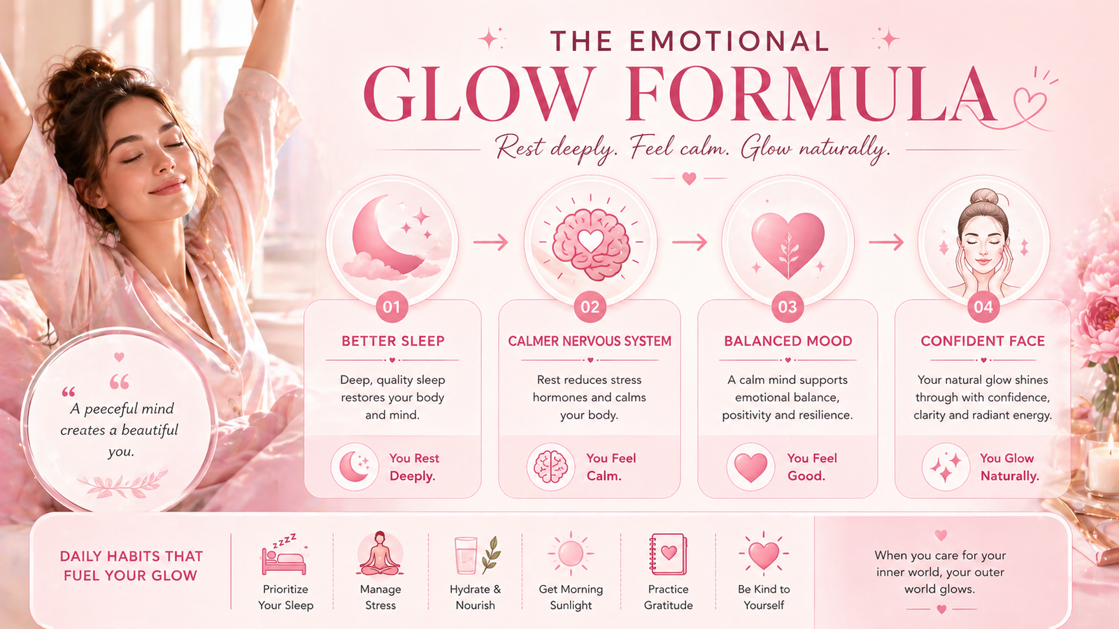Sleep and mood infographic showing emotional glow confidence and calm energy