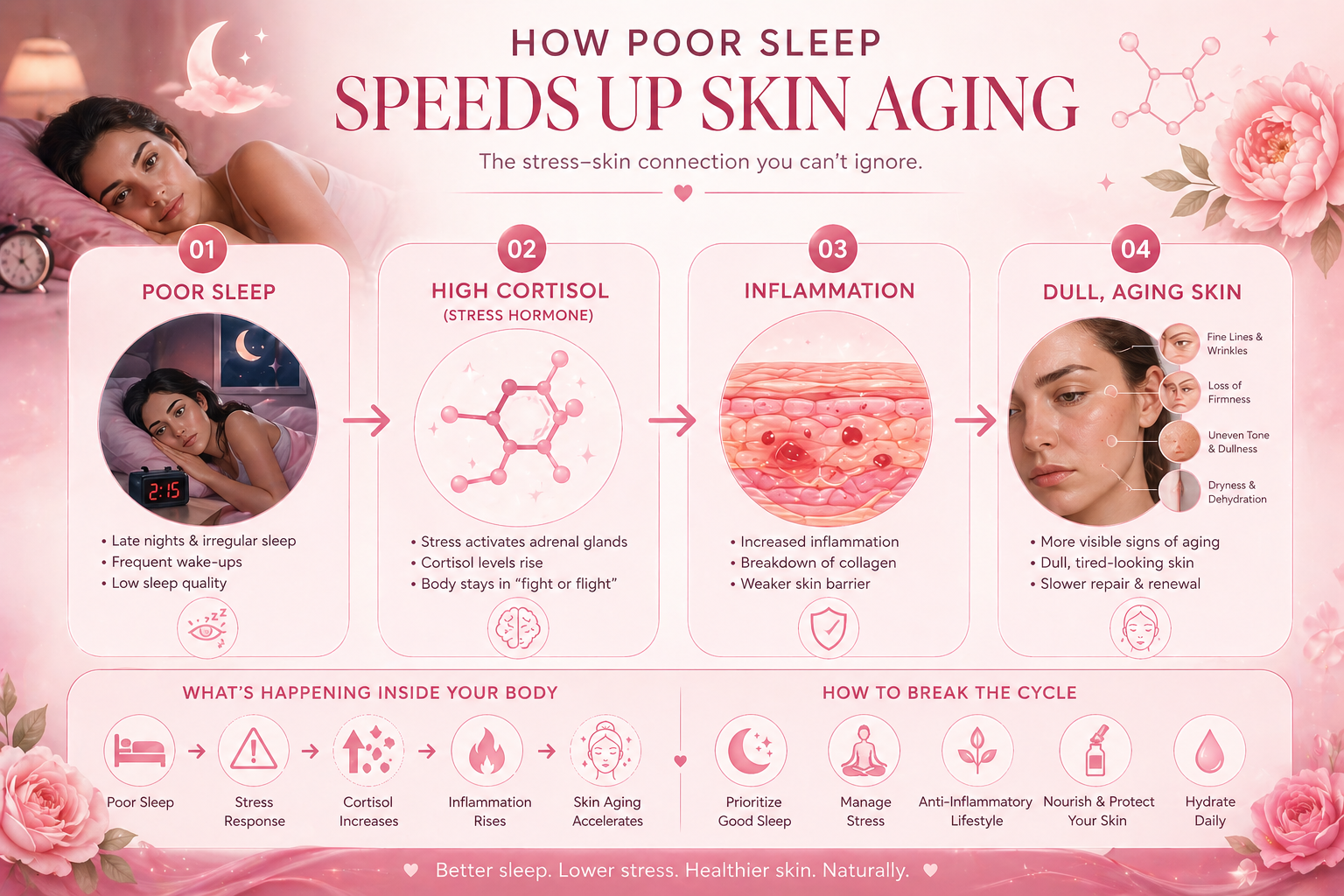 Cortisol and sleep infographic showing stress hormone effects on skin aging and beauty