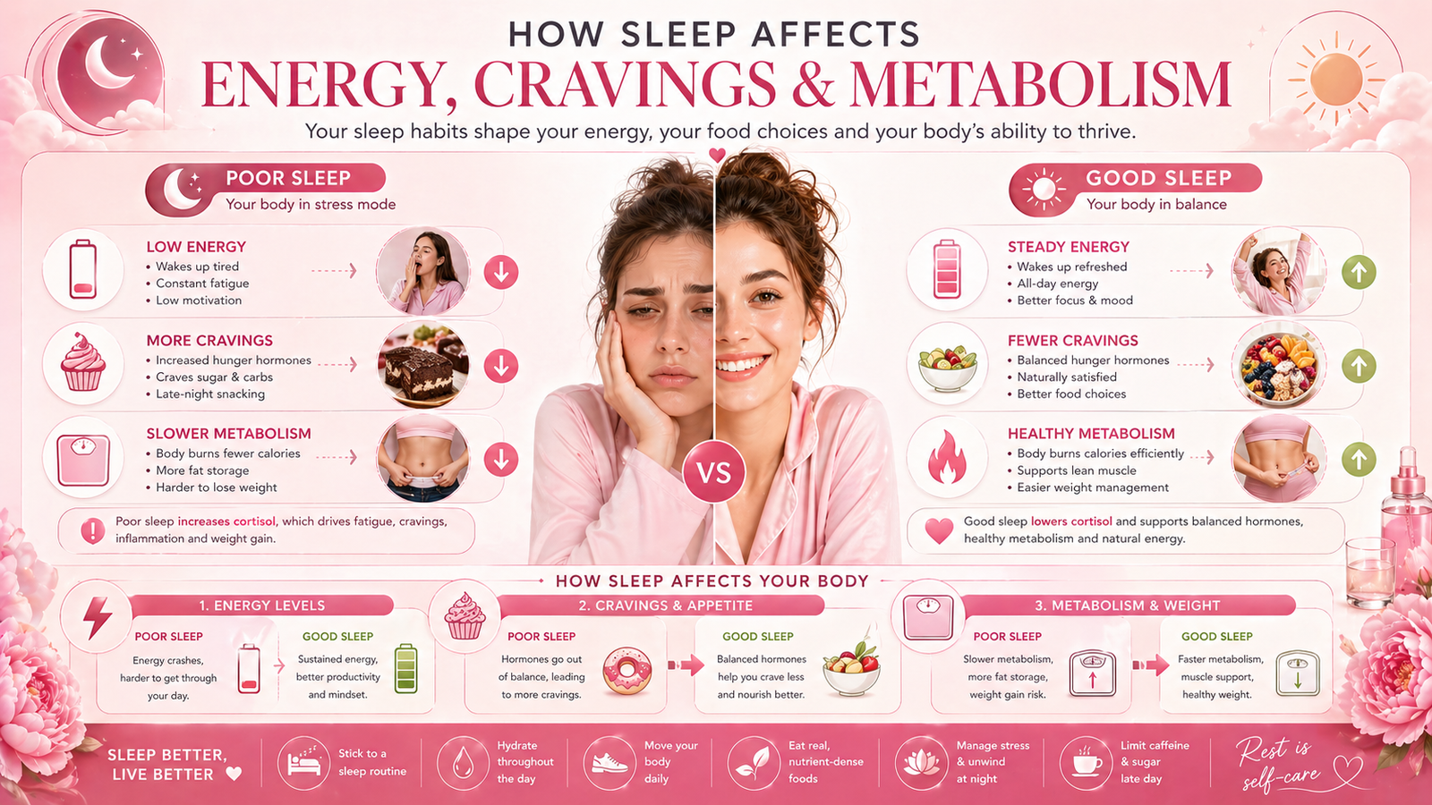 Sleep energy and metabolism infographic showing cravings fatigue and beauty wellness connection